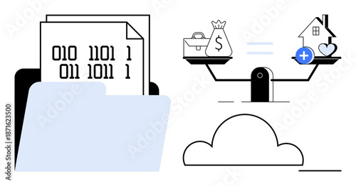 Data storage. A folder with binary code s data storage, linked to cloud computing and financial balance. Data storage for finance operations, cloud systems, digital analytics, tech concepts, fintech