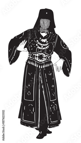 Hooded robed warrior figure with shield and mask illustration in medieval style.