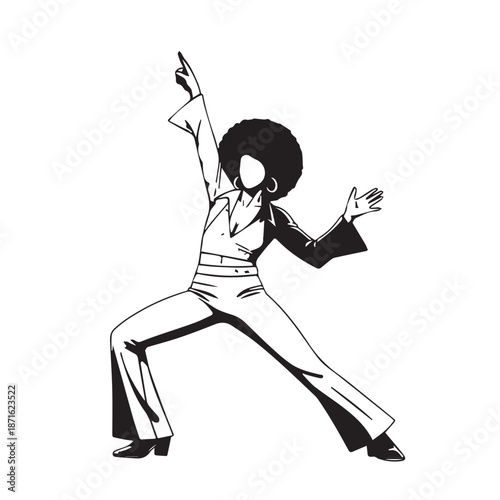 Stylized dancer in dynamic pose with afro hairstyle and monochrome fashion performing an expressive move.