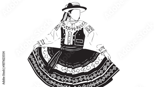 Illustrated woman in traditional folk dress with patterned skirt and apron.