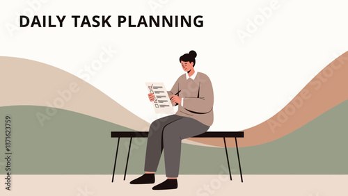 Woman Planning Daily Tasks with Checklist, Sitting on Bench, Abstract Background