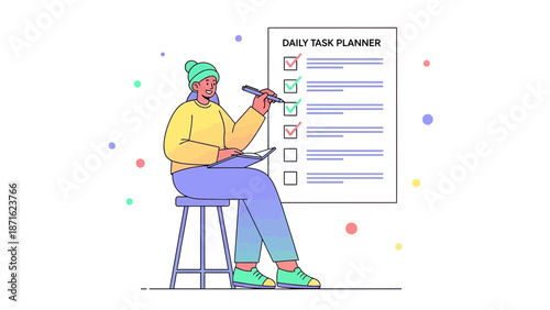 Woman planning daily tasks with checklist and pen, concept of organization and productivity
