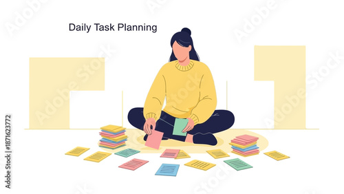 Woman Planning Daily Tasks with Color Cards, Organization Concept