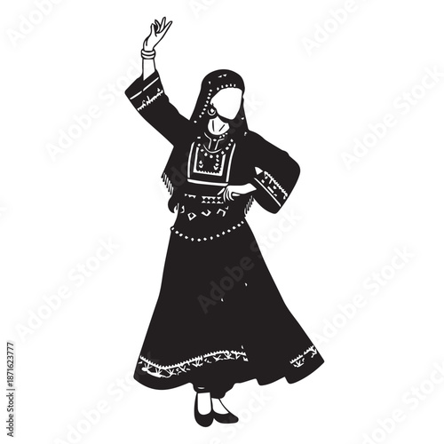 Silhouette of a woman in a traditional long dress dancing gracefully.