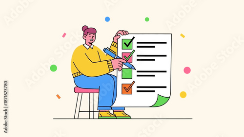 Woman checking off tasks on checklist, completing goals, success, planning, vector illustration