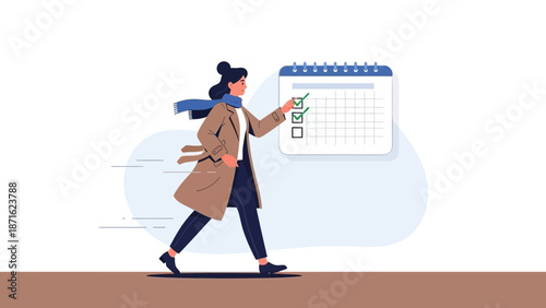 Woman checking off tasks on calendar, time management, planning, organization concept