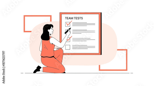 Woman checking off tasks on team test checklist, modern flat illustration