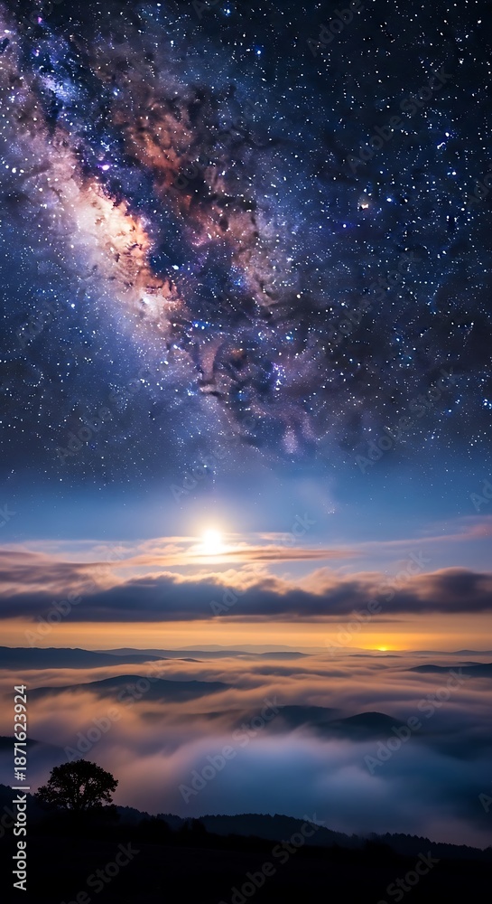 Obraz premium Celestial Symphony - Milky Way Over Moonlit Clouds.