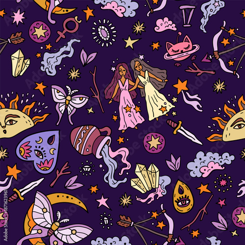 Space and stars seamless pattern with Western astrology. Zodiac animals. A cosmic fantasy backdrop for teenagers and small children. Fun zodiac and tarot cards. Fortune telling and magic