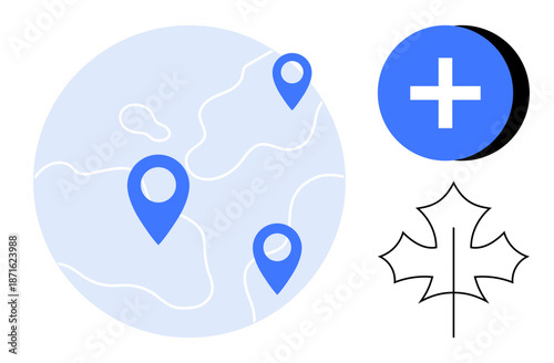 Navigation concept. Navigation icons connecting global positioning with location tracking, plus health or addition aspect. Navigation for maps, travel, healthcare, apps, geography