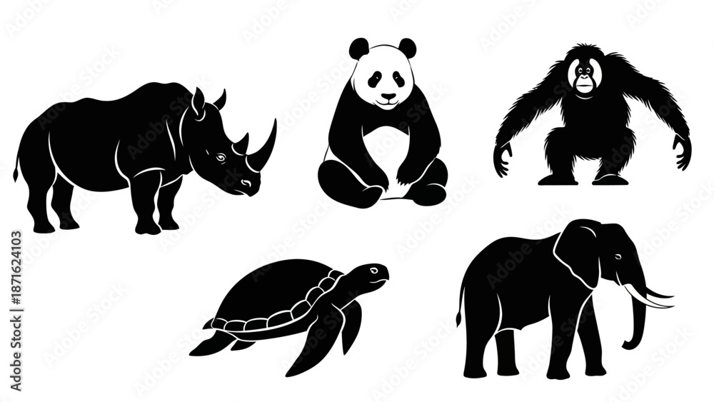 Naklejka premium Endangered Animals Silhouette Collection Rhino Panda.