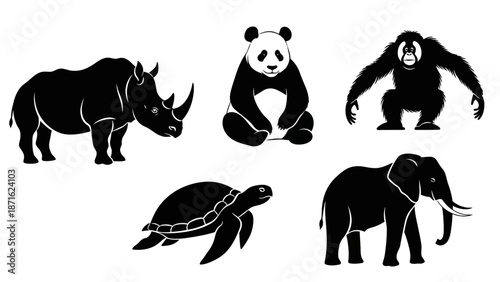 Endangered Animals Silhouette Collection Rhino Panda.