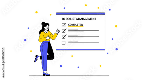 Woman giving thumbs up near completed to-do list, task management concept