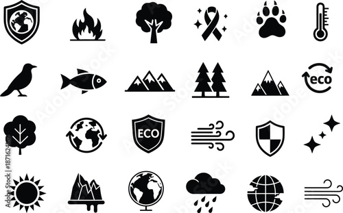 Collection of nature and environmental icons representing various elements and concepts.