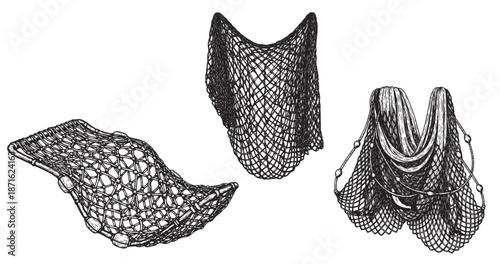 Fishing net engraving illustration for coastal branding