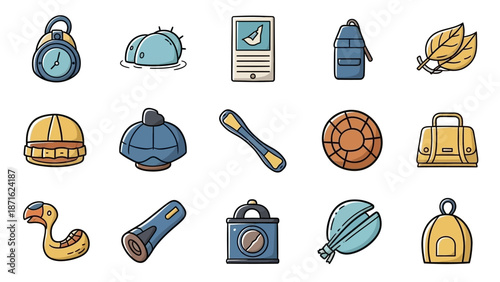 Camping Equipment Icons Set Illustration.