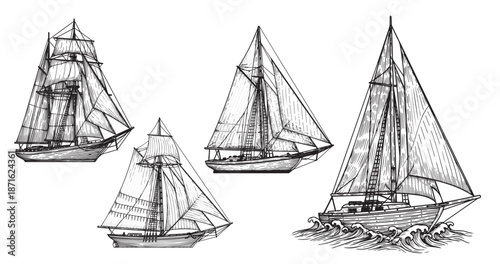 Sailboat engraving illustration for maritime branding