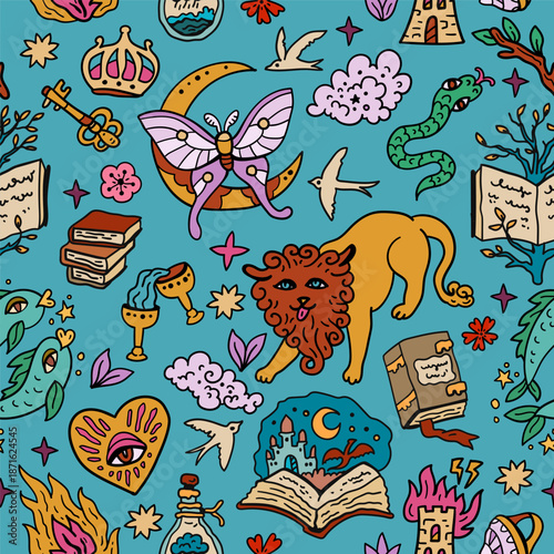 Fairytale vector background. Lion and books, fairytale characters. Design for teenagers and children. Heart and magic. Seamless pattern with tarot and astrology.