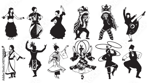 Group of silhouetted dancers performing with hoops on stage in a dramatic, coordinated display.