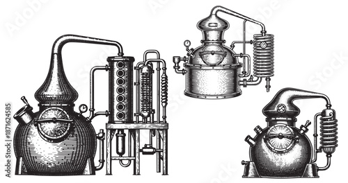 Whiskey still engraving illustration for distillery branding