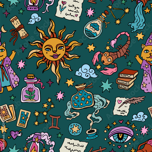 Seamless fairytale vector pattern with elements of tarot and astrology. Heart and stars. Esoteric-themed backdrop. Bright design for teenagers and children