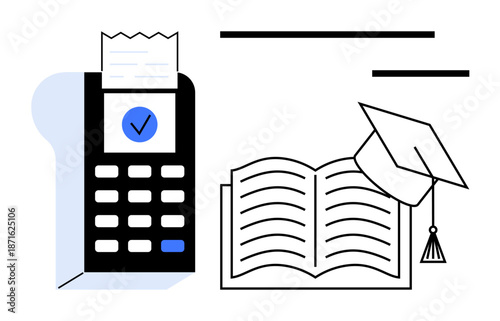 Education, online learning, academic fees, financial planning, exam preparation, graduation. Open book with graduation cap and receipt calculator. Education and academic fees concept