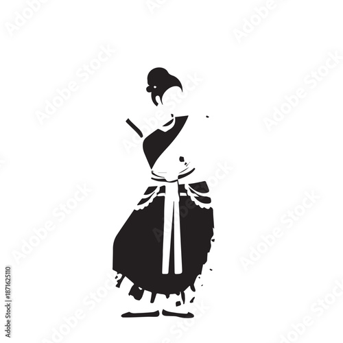 Silhouette of a Traditional Maid in a Vintage Dress and Apron.