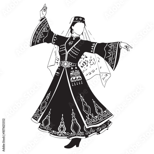 Traditional cultural dancer in elaborate ceremonial robe and headdress performing a graceful movement.