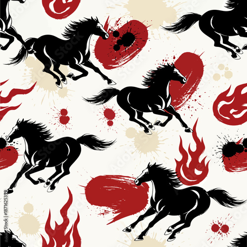  Lunar New Year Seamless Pattern of Galloping Black Horses with Red Abstract Elements. EPS Editable