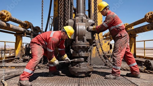 Two skilled oil field technicians in protective gear working on heavy drilling rig machinery, performing crucial maintenance for efficient and safe oil and gas extraction and global energy supply.