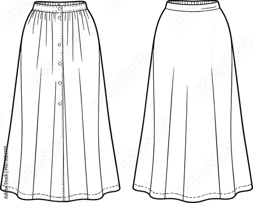 Technical fashion flat sketch of women high waisted midi skirt with front button closure elastic waistband and flared silhouette detail