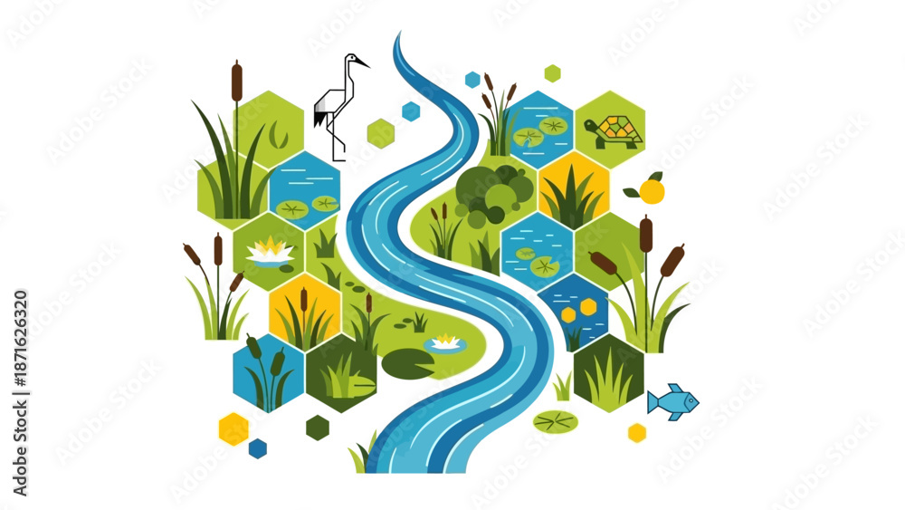 Obraz premium Winding River Surrounded by Lush Greenery Illustration.