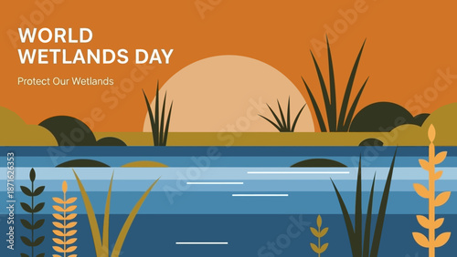Illustration of Wetlands Landscape with Plants and Water.