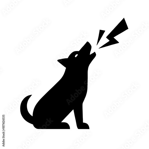 Black silhouette vector icon of a sitting dog howling or barking loudly with sharp sound bolt symbol, looking up in simple flat monochrome style isolated on white background for logo.