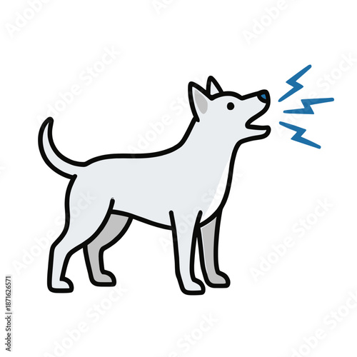 Barking white dog vector illustration. Loud angry puppy making noise icon. Alert pet animal standing and shouting. Isolated flat design cartoon for warning sign or logo.