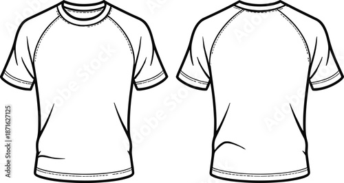 Technical Flat Sketch of a Men’s Slim Fit Raglan Short Sleeve T-Shirt Featuring a Crew Neck and Athletic Performance Styling