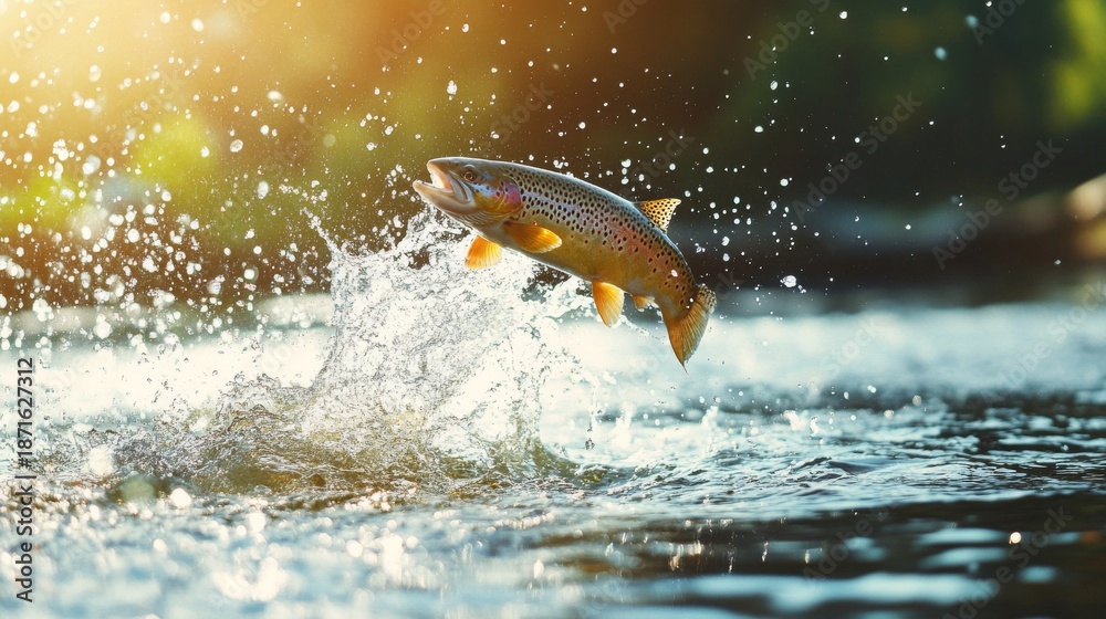 Fototapeta premium Rainbow trout jumps from water at dawn looking for bait in a river with splashes and space for text above