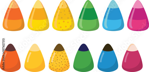 Colorful candy corn illustration set with glossy pastel sweets isolated on white background for Halloween dessert design branding
