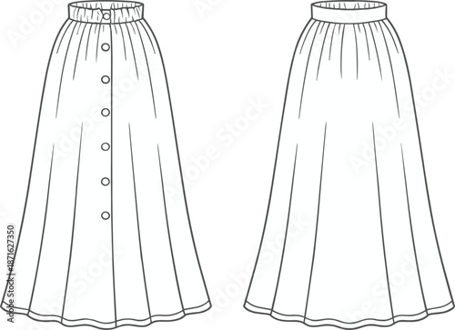 Technical Flat Sketch of Women’s Button Front Maxi Skirt with Elastic Back Waistband High Rise and Flared A-Line Silhouette Template