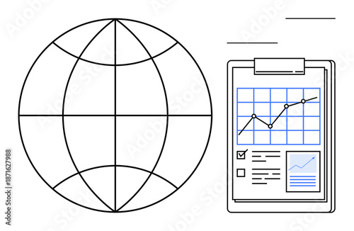 Data analysis, global trends, business management, statistics, market research, financial growth. World grid icon and clipboard with graph and charts. Data analysis and global trends concept