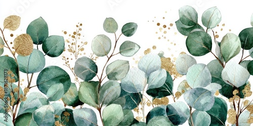 Watercolor greenery arrangement with eucalyptus leaves and gold accents on white