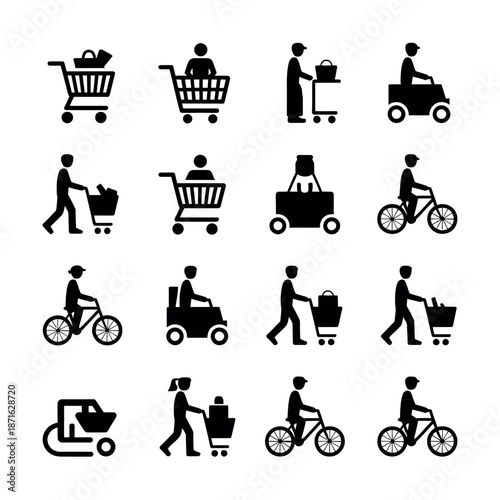 Collection of shopping icons featuring people and vehicles