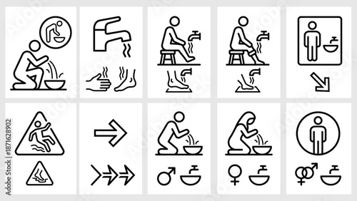 Vector icons Collection of Islamic Wudu and Ablution Pictograms for Ritual Purity. EPS Editable
