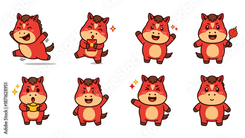 Vector icons Cute Red Horse Character Set for Chinese New Year Celebration. EPS Editable