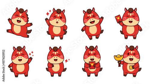Vector icons Cute Red Horse Character Set for Lunar New Year Celebrations. EPS Editable