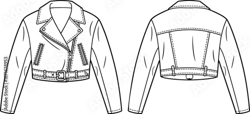 Technical fashion flat sketch of a women cropped biker leather jacket with asymmetric zipper belted waist and back yoke detail