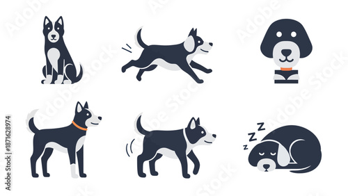 Vector icons Set of Six Adorable Black and White Dog Illustrations in Various Poses. EPS Editable