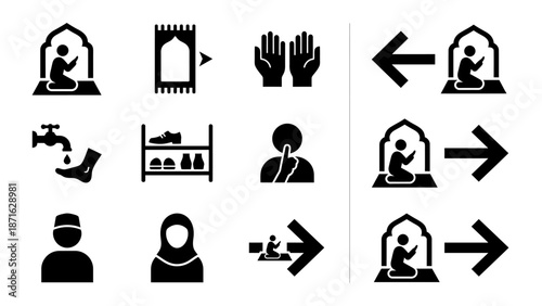 Vector icons Islamic Prayer Icons Collection Worship Wudu and Mosque Etiquette. EPS Editable