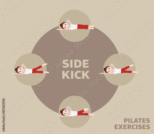 Pilates Moves Exercises Side Kick Cute Cartoon Vector Illustration