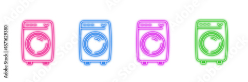 Neon glowing washing machine vector icons set, laundry, cleaner, appliance, home, glow, vibrant colorful digital on transparent background.